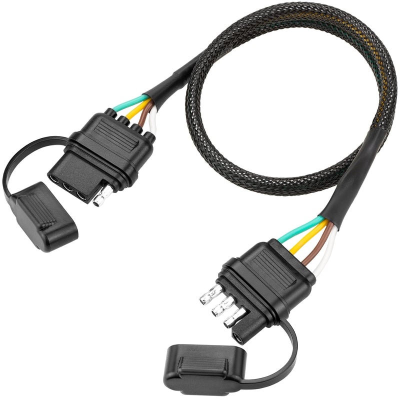 Tecreddy 4 Pin Trailer Wire Extension, 24 inch, 4 Way Flat Trailer Light Plug Connector with Dust Cover, 18AWG Pure Copper Wiring Harness Extender with Loom Tubing Protection - Image 1